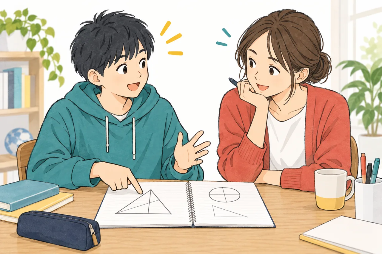 生徒がノートの図を指しながら考え方を話し、講師が耳を傾けるイラスト