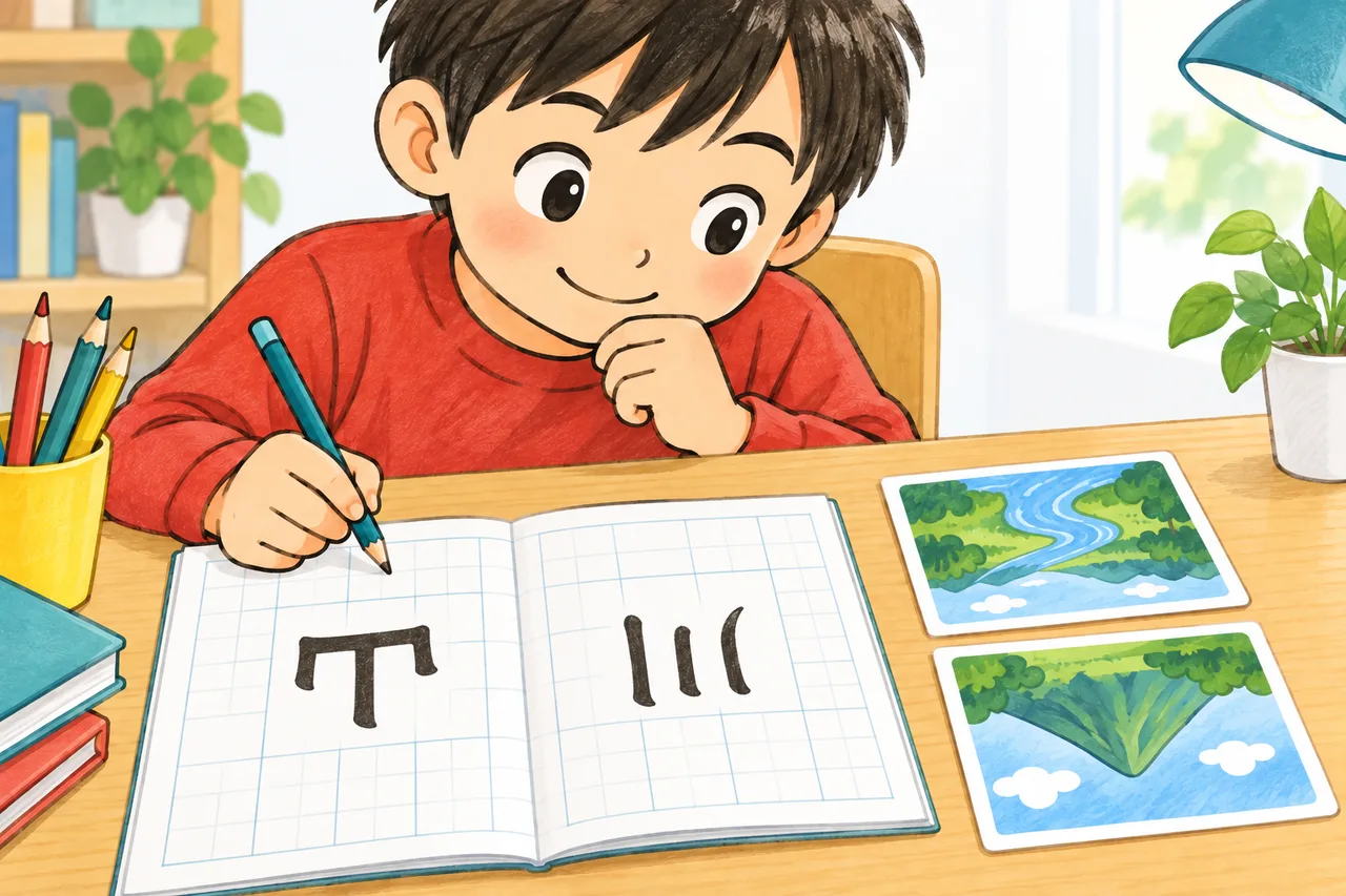 生徒が山と川の漢字を練習し、対応する風景の絵と意味を確かめるイラスト