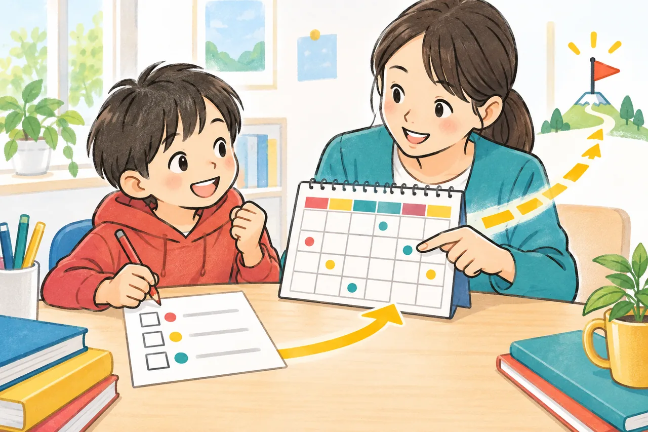 生徒と講師が予定表と小さな目標のチェックリストを見ながら学習計画を考えるイラスト