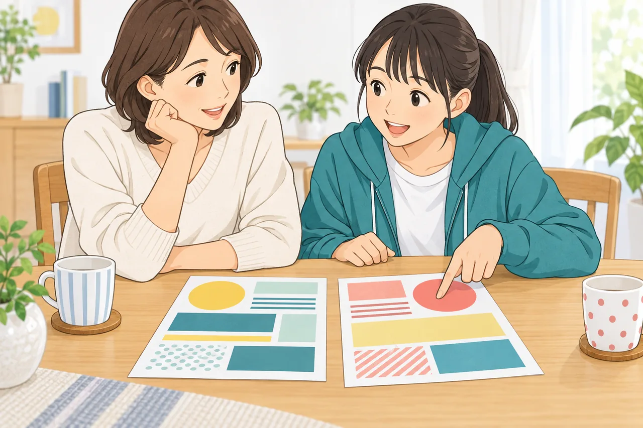親子が二つの資料を比べ、子どもが自分の考えを指し示しながら話すイラスト