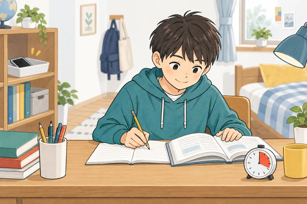生徒が整えた机で学習し、タイマーを使いながらスマートフォンを離れた棚に置くイラスト