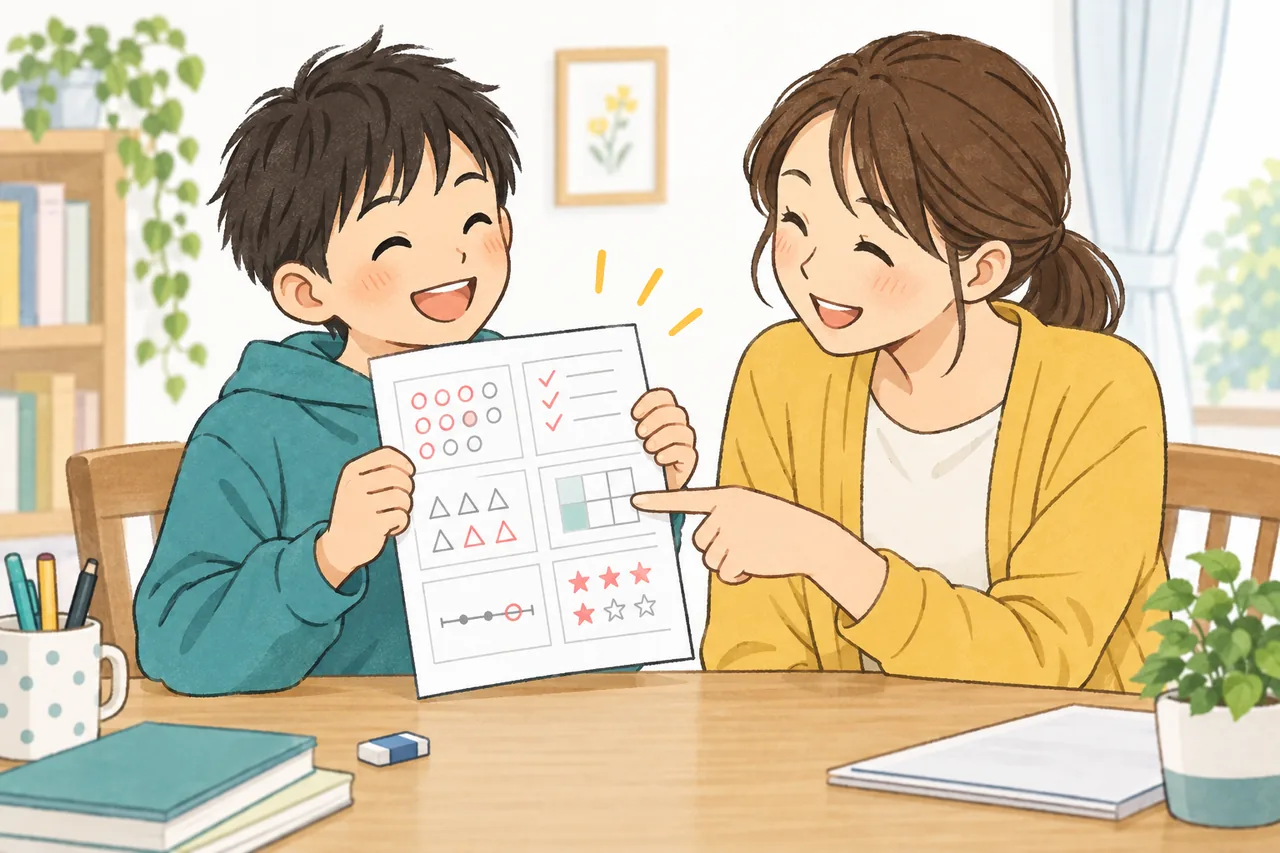 子どもが終えた課題を見せ、大人が具体的な箇所を指して認めるイラスト