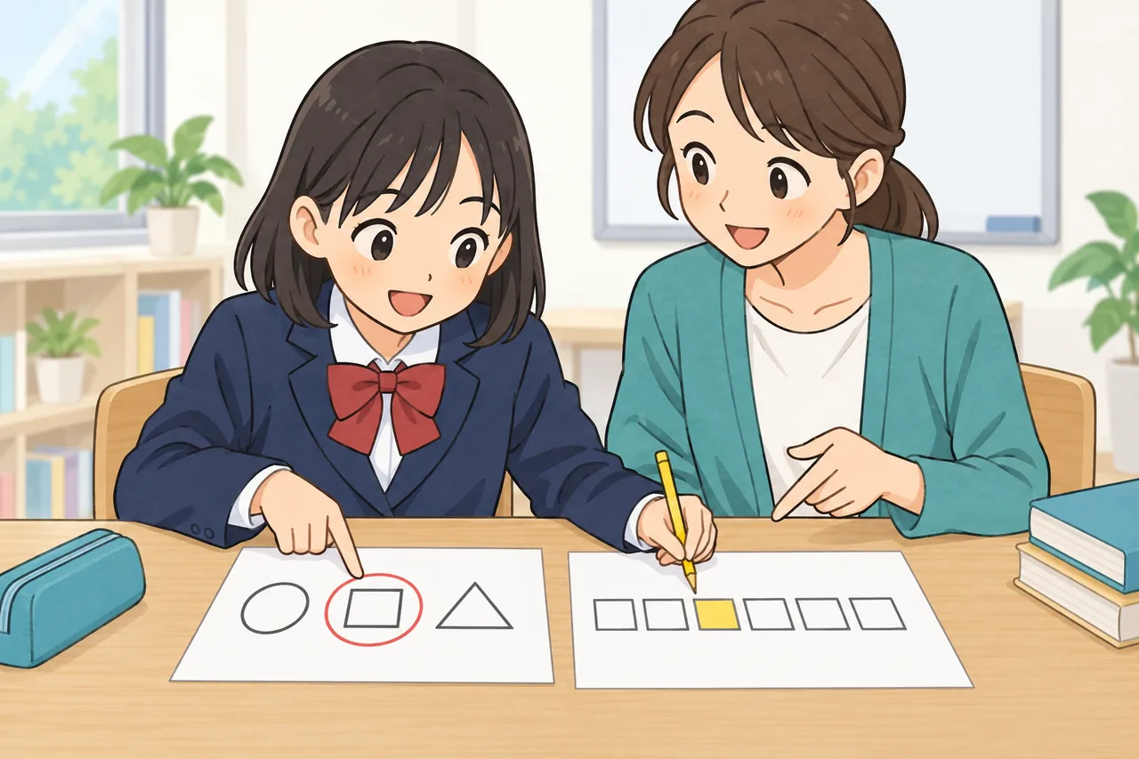 生徒と講師が印の付いた課題を確認し、次に取り組むことを予定表へ整理するイラスト