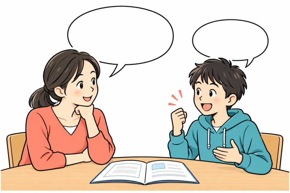 母親が学校を提案し、男の子が『僕はここに行く！』と自分の目標を話す色付きイラスト